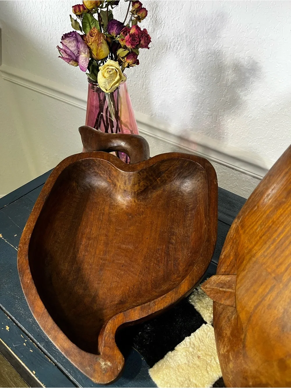 Vintage Hand-Carved Wooden Apple 🍎 Bowl with Sword 🗡️